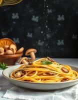 Spaghetti with mushrooms and parsley photo