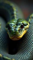 A close up of a green snake with yellow eyes photo