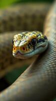 A close up of a snake's head with its eyes open photo