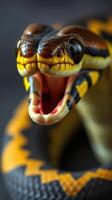 A close up of a snake with its mouth open photo