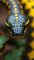 A close up of a snake with yellow and black stripes photo