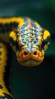 A close up of a yellow and black snake photo