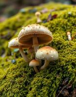 A group of mushrooms growing on a moss covered ground photo