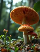 Two mushrooms are sitting on top of a moss covered forest floor photo