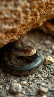 A snake is hiding under a rock photo