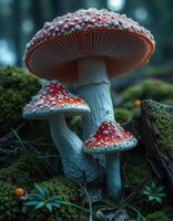 Two red and white mushrooms are sitting on the ground photo