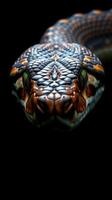 A snake with a black background and orange and green stripes photo