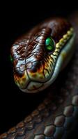 A close up of a snake with green eyes photo