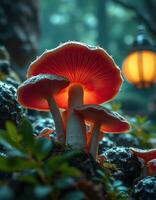 A mushroom is shown in front of a light photo