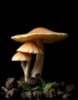 Two mushrooms are standing on top of a black background photo