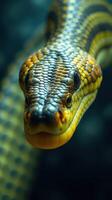 A close up of a yellow and black snake photo