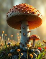 A mushroom is sitting on top of a grassy field photo