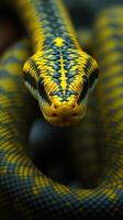 A close up of a yellow and black snake photo
