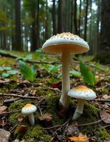 Two mushrooms are standing in the middle of a forest photo
