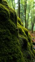 A close up of a moss covered rock in a forest photo