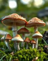 A group of mushrooms are standing on the ground photo