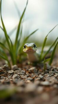 A snake is sitting on the ground in the grass photo