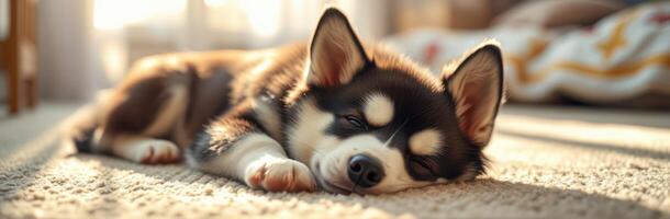 Cute dog resting peacefully on a cozy carpet in warm sunlight during the afternoon photo