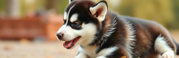 Cute husky puppy playing outdoors on a sunny day surrounded by fallen leaves in a park photo