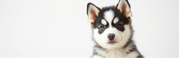 Cute husky puppy with striking blue eyes posing against a plain background in a cozy indoor setting during daylight hours photo