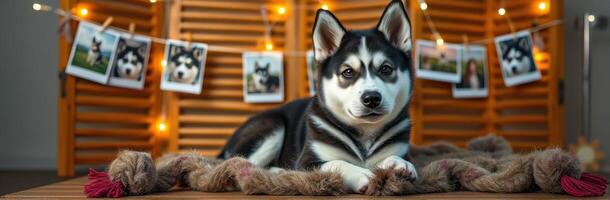 Playful husky poses in cozy indoor setting with string lights and framed memories displayed photo