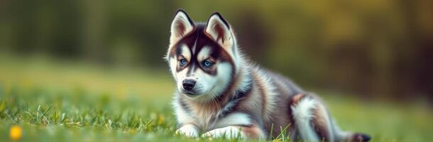 Playful husky puppy resting on green grass under soft sunlight in a park photo