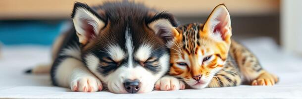 Puppy and kitten resting together in a cozy indoor setting during afternoon light photo