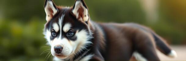 Cute husky puppy playing outdoors in a garden during the afternoon sunlight captures hearts with its playful nature photo