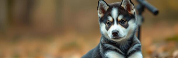 Cute husky puppy resting in a serene autumn forest with fallen leaves in the background during a sunny day photo