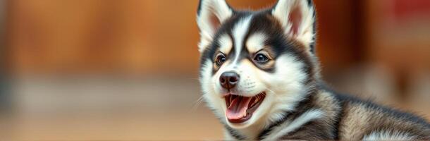 Husky puppy playing indoors with a cheerful expression and bright eyes in the afternoon light photo