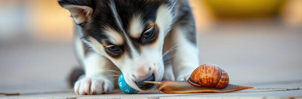 Curious puppy explores giant snail in outdoor setting during late afternoon playtime photo
