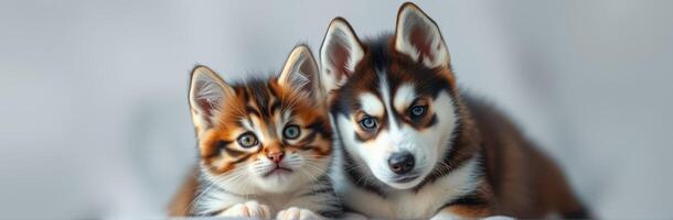 Cute kitten and puppy posing together in soft light indoors photo
