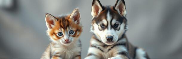 Cute kitten and playful puppy sitting together in a cozy indoor setting while looking at the camera photo