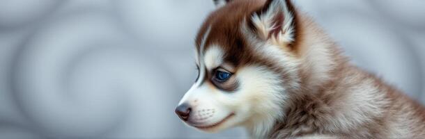Cute husky puppy with striking blue eyes looks curiously to the side against a light patterned background photo