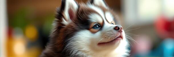 Cute fluffy dog enjoying a sunny afternoon indoors with soft lighting and colorful background photo