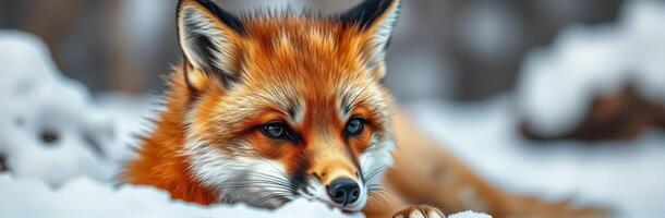 Red fox resting quietly in fresh snow during winter in a forest setting photo