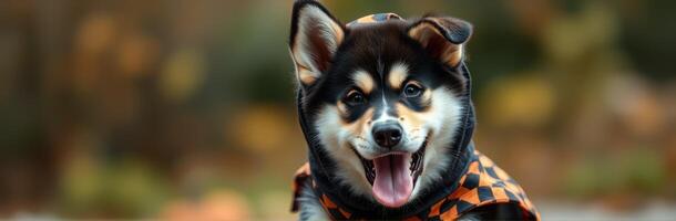 Happy puppy wearing a costume with orange and black patterns enjoying the outdoors during autumn photo