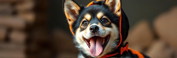 Happy corgi wearing a playful hooded costume, enjoying a cheerful moment indoors in autumn light photo
