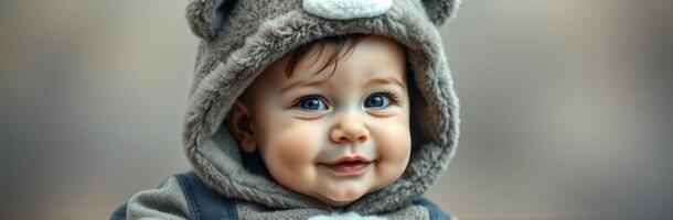 Cute baby wearing a fuzzy bear hoodie smiles joyfully, capturing hearts with adorable blue eyes in a cozy setting photo