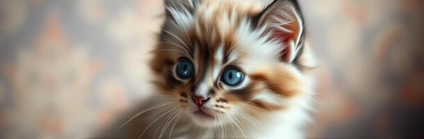 Cute kitten with striking blue eyes poses for a close-up in a cozy indoor setting photo