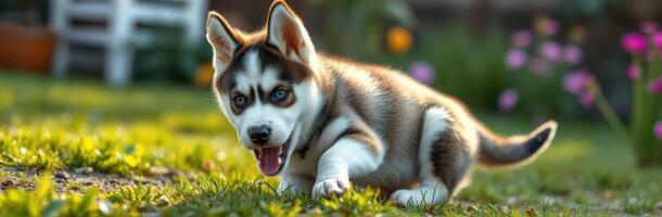 Playful husky puppy exploring a sunny garden filled with colorful flowers and vibrant greenery photo