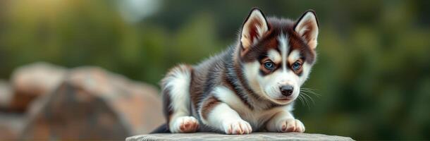Cute husky puppy relaxing on a rock during a sunny day in a lush green park surrounded by nature photo