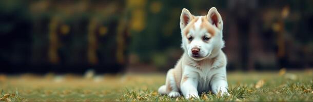 Cute husky puppy relaxing in a park during autumn with fallen leaves scattered on the ground photo