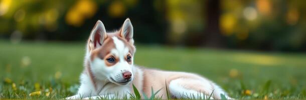 Fluffy puppy relaxing in a lush green park during a sunny afternoon in early summer photo