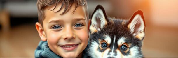 Boy joyfully poses with adorable puppy in cozy indoor setting during afternoon playtime photo