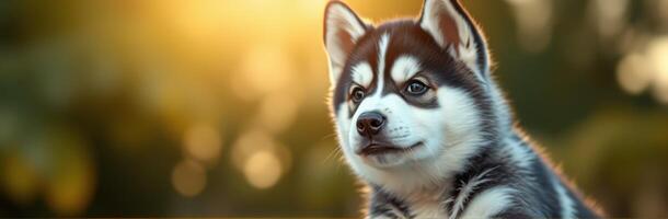 Cute husky puppy enjoying a golden sunset in a green park photo