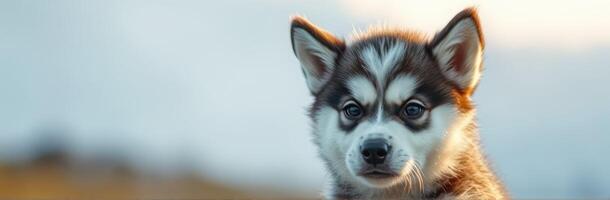 Cute husky puppy gazing at the camera with soft fur and expressive eyes on a sunny day in a natural setting photo