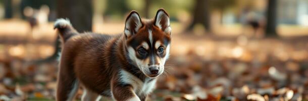 Playful husky puppy exploring a leaf-strewn park on a sunny day photo