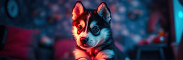 Cute puppy with expressive eyes posing in a vibrant and colorful indoor setting illuminated by soft lighting photo