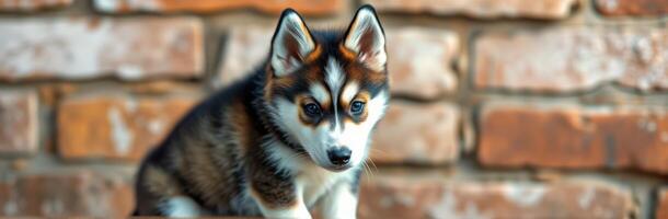 Playful husky puppy sitting against a rustic brick wall in a cozy indoor setting during daylight hours photo